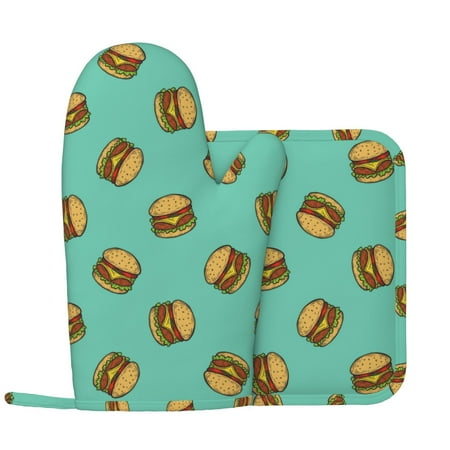 

Oven Mitts and Pot Holders Sets - Cute Hamburger Teal Blue Heat Resistant Silicone Oven Gloves (Left Glove) with Non-Slip Silicone Surface and hot pads for kitchen Baking Cooking