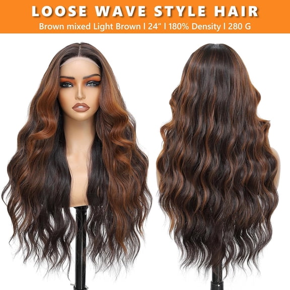 SHILIU-Brown Mixed Light Brown Wig for Women 5x4x1 Lace Hairline Long Wavy Middle Part Glueless Wig Heat Resistant Synthetic Lace Front Wigs for Daily Party 24 Inch