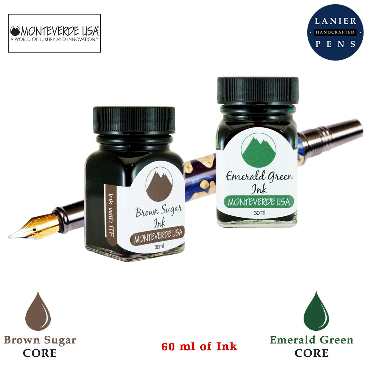 Monteverde 60ml Core Fountain Pen Ink Bottle (30ml Brown Sugar Ink Bottle G309BS, 30ml Emerald Green Ink Bottle G309EG)