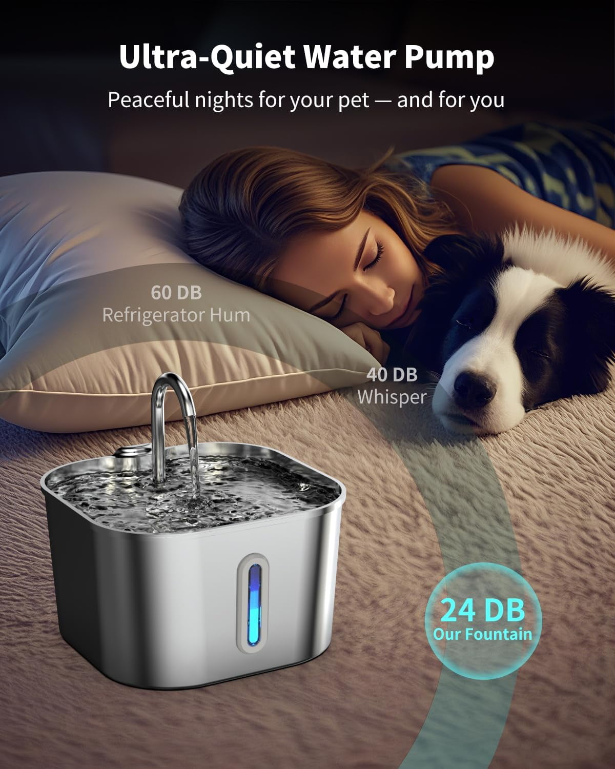 Cat Water Fountain Stainless Steel, 74oz/2.2L Cat Fountain with Quiet Pump, Automatic Pet Water Dispenser, Ideal for Multi-pet Homes, Fresh & Clean Water for Cats and Dogs