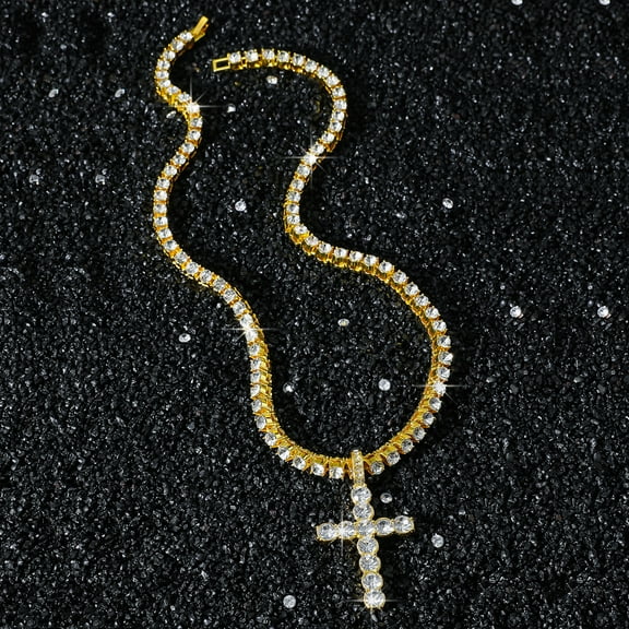 Men Women Hip Hop Cross 14K Yellow Gold Pendant Necklace With 4mm Tennis Chain HipHop Iced Out Bling Necklaces Fashion Charm Jewelry Gift