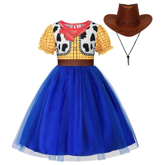 EleFairy Girls Cowboy Costume Woody Costume Kids Toddler Woody Outfit Dress Up for Halloween Birthday with Brown Cowboy Hat (3T/100)