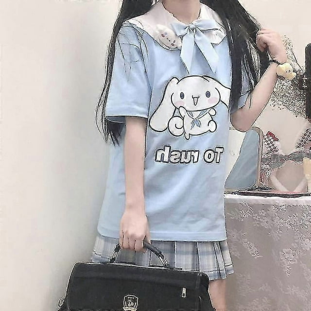 Kawaii Sanrio Cinnamoroll T-shirt Girl Cute Style Cartoon Summer Mid Length Loose Cotton Girl Heart Short Sleeve Bottoming Shirt G