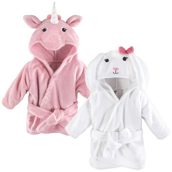 Hudson Baby Infant Girl 2Pc Plush Animal Face Bathrobe, Pink Unicorn Bunny, 0-9 Months