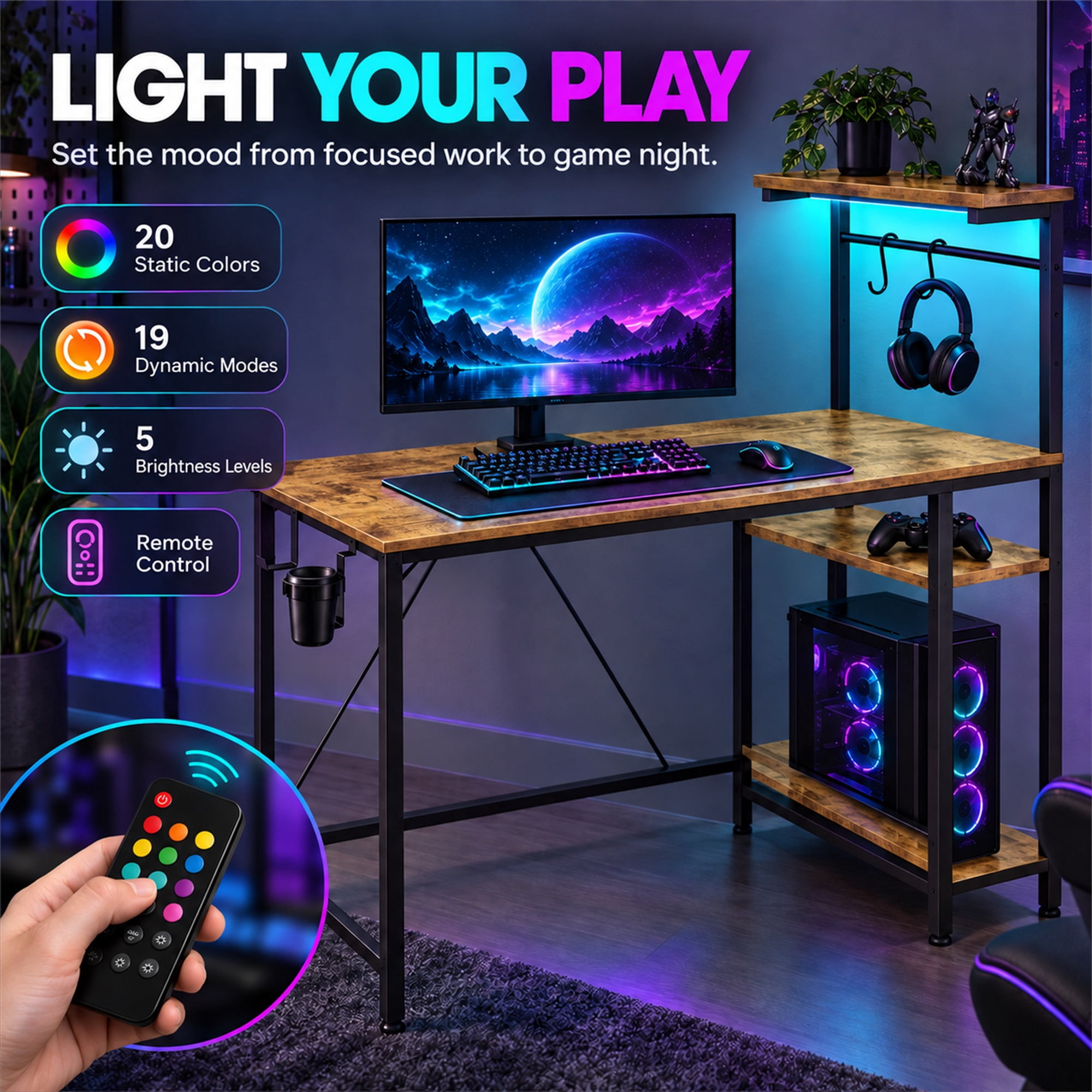CloudRest Pro 44 Inch Gaming Desk with RGB LED Lights, Reversible Computer Desk with 4-Tier Storage Shelves, Cup Holder and Headphone Hook, Rustic Brown