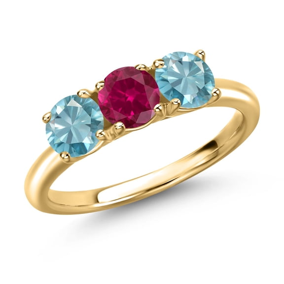 Gem Stone King 18K Yellow Gold Plated Silver Red Created Ruby and Blue Zircon Engagement Ring for Women | 2.30 Cttw | Round 5MM | Gemstone July Birthstone | Size 6
