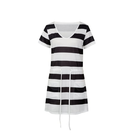 

Amuver Women Color Block Dress Adults Striped V-neck Short Sleeve One-piece with Drawstring Pocket