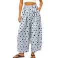 thumbnail image 2 of Zjunqe Women Polka Dot Summer Boho Cotton Linen Pants Wide Leg Barrel Pants Beach High Elastic Waist Casual Long Palazzo Trousers with Pockets Loose Casual Summer Beach Vacation Pants Light Blue Xxl, 2 of 6