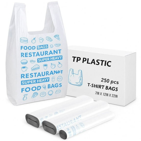 TP Plastic Heavy Duty White T-Shirt Bags, 7" x 5" x 16", 250 Count – Small Grocery Shopping Bags for Retail, Takeout & Convenience Stores