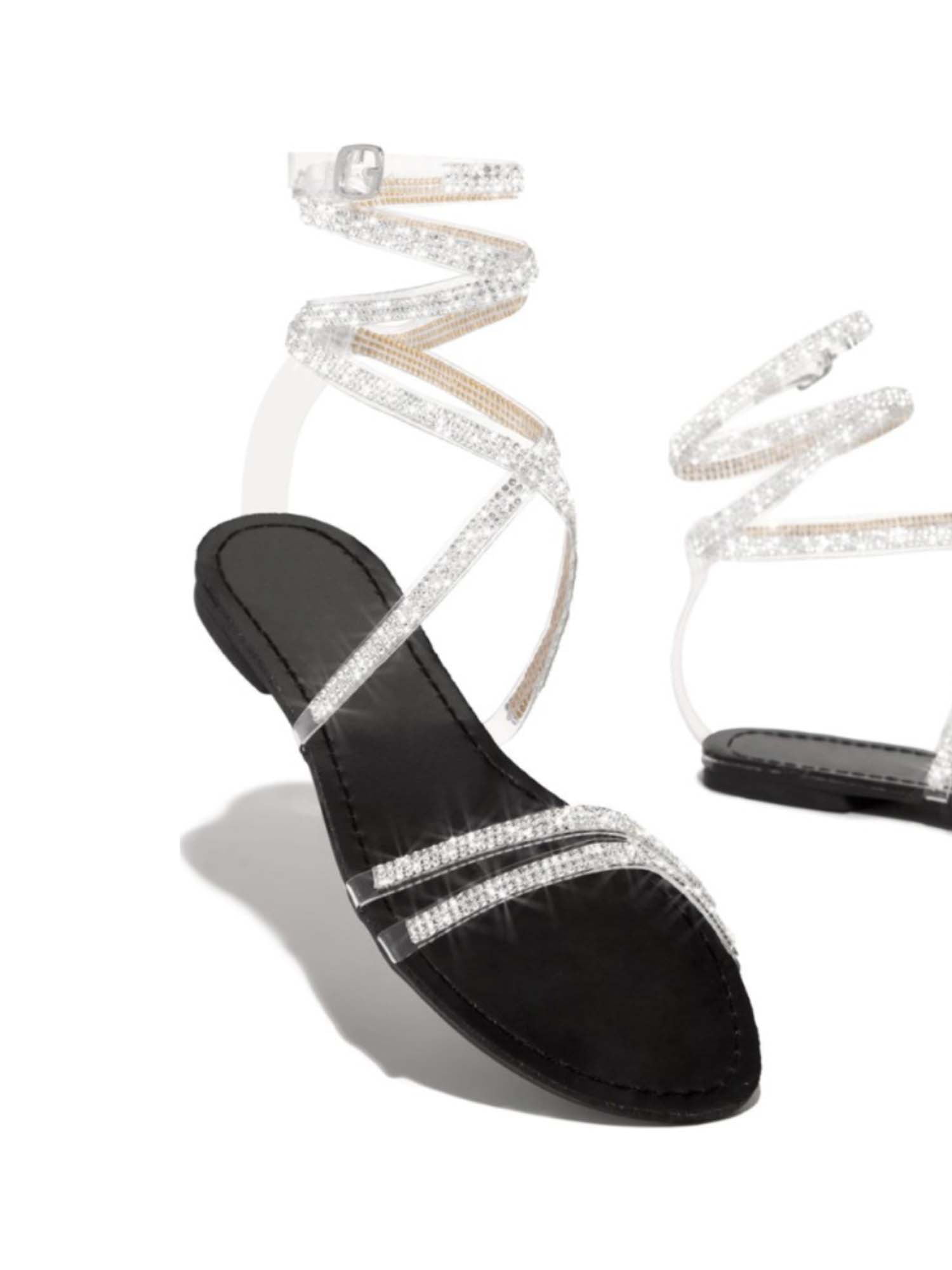 Black Color Slingback Rhinestone Strappy Dress Women Sandals Flat Shoes Size 6.5 