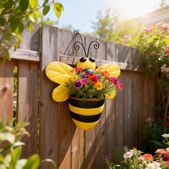 Metal Bee Wall Planter – Whimsical Yellow & Black Striped Hanging Flower Pot,Plant Pot,Outdoor/Indoor Wall Decor for Garden, Fence & Patio