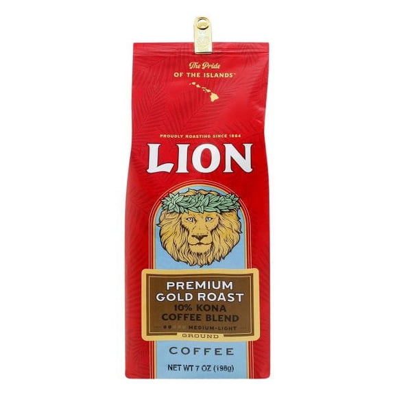 Lion Coffee Premium Gold Roast Ground Coffee, 10% Kona Blend, Medium-Light Roast, A Taste of Aloha - 7 Ounce Bag
