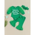 thumbnail image 2 of Arvbitana Infant Girls Ireland Festivals Clothes Baby Girl Long Lantern Sleeve Letter Clover Print Romper + Flare Pants + Headband 3M 6M 9M 12M Newborn Cute 3Pcs Outfits, 2 of 9