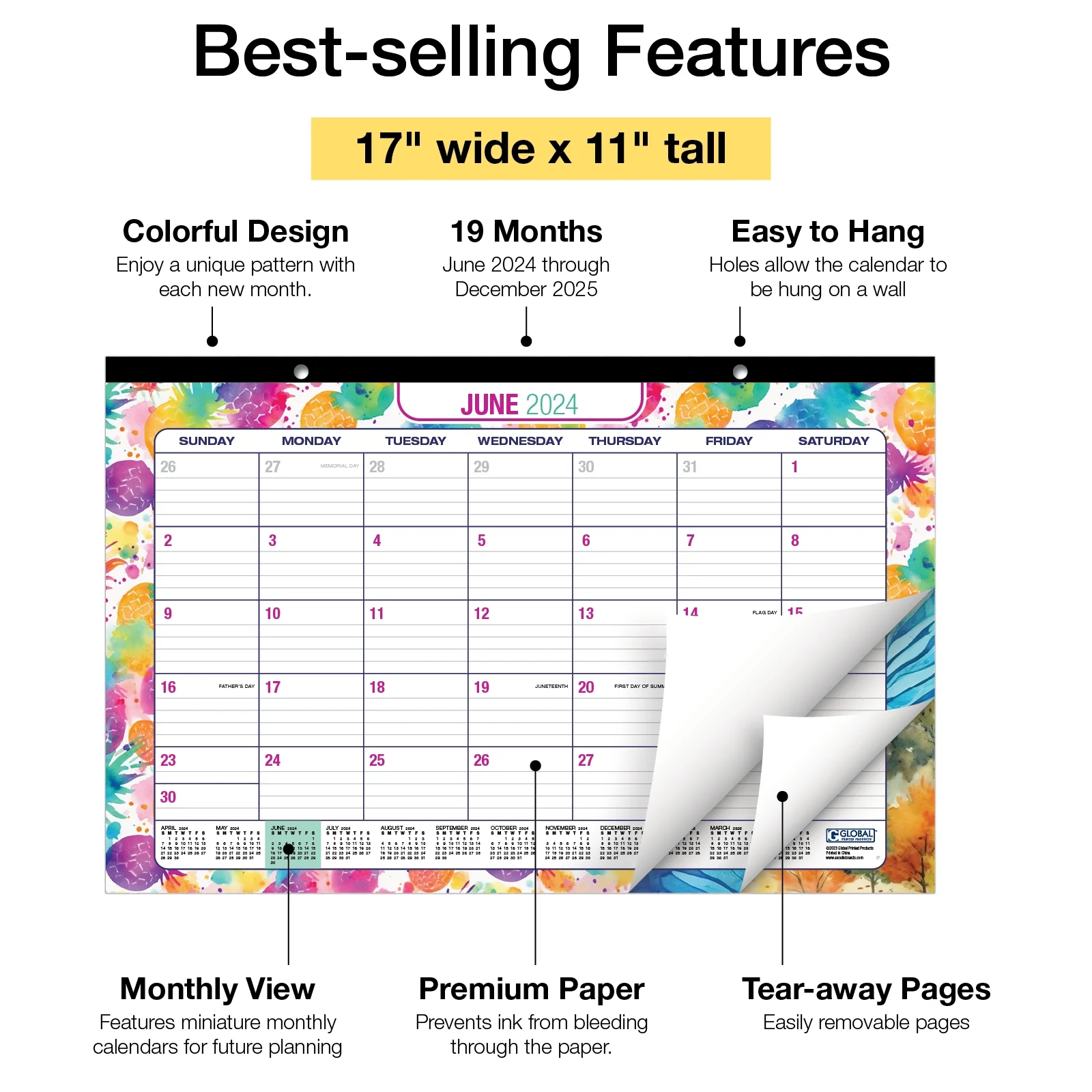 Global Printed Products Academic Planner 2024-2025 and 11" x 17" Desk Calendar Bundle, Desk Calendar 2024 Planner, Hardcover Fashion Planner, Watercolor Butterflies