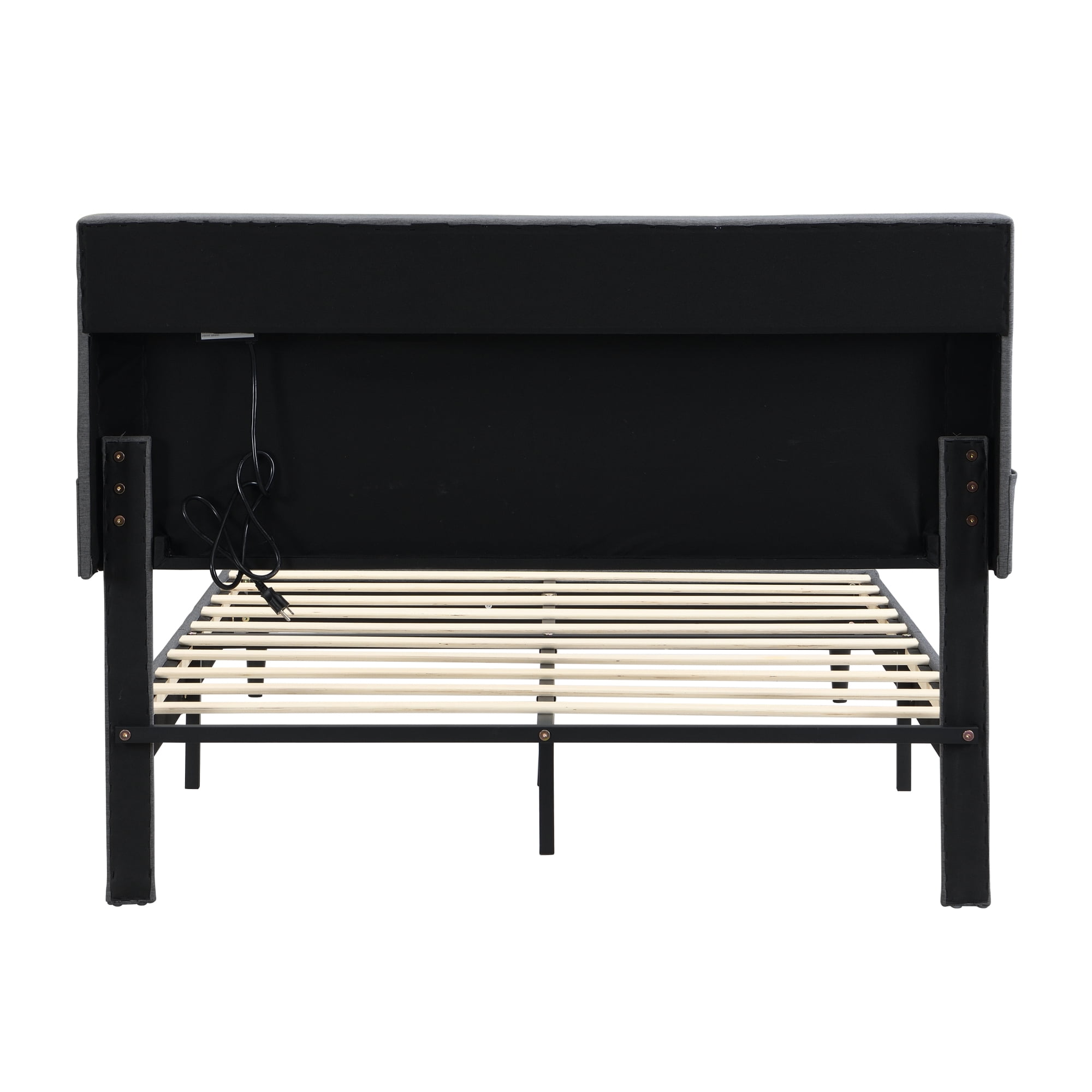 Leumius Queen Size Bed Frame with USB Ports, Modern Platform Bed with Tufted Upholstered Headboard & Storage Shelf, Queen