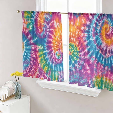 Colorful Semi Sheer Curtains 54 Inch Length 2 Panels Set Ethnic Modern Abstract Watercolor Tie-Dye Sheer Kitchen Curtain Privacy Voile Window Curtain for Living Room Bedroom Rod Pocket Drapes