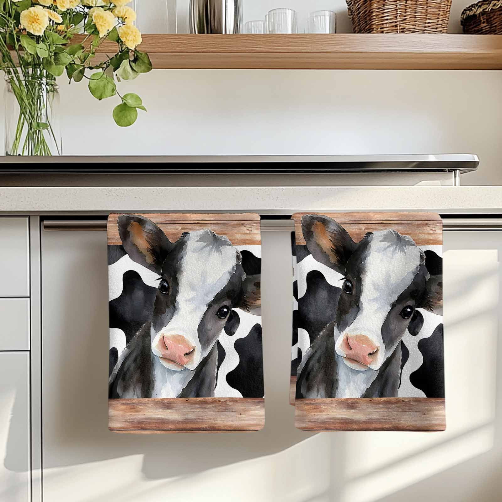 Cow Printed Kitchen Towels Set of 2, Farmhouse Watercolor Country Wooden Grain Absorbent Dish Towels for Kitchen, Microfiber Hand Towel, Quick Drying Tea Towel for Cleaning Decorative Dishcloths