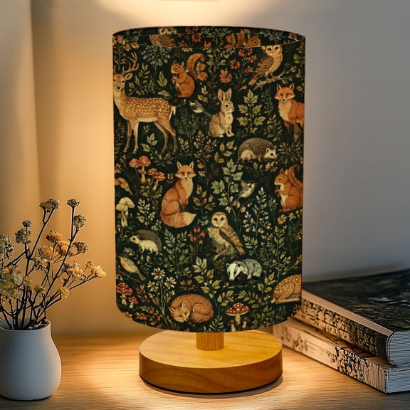 16-Color Dimmable Table Lamp, Woodland Animals Forest Plants Vintage Bedside Lamp Nightstand Light for Bedroom Nursery, Wood Base Fabric Shade Reading Lamps Gifts for Kids