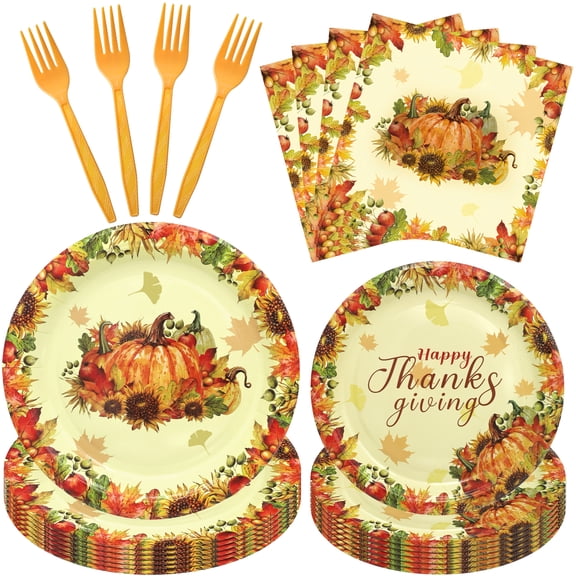 Fall Thanksgiving Paper Plates and Napkins Set for 24 Guests, 96PCS Pumpkin Harvest Disposable Tableware, 9" & 7" Plates, Napkins and Orange Forks, Thanksgiving Party Supplies for Friendsgiving