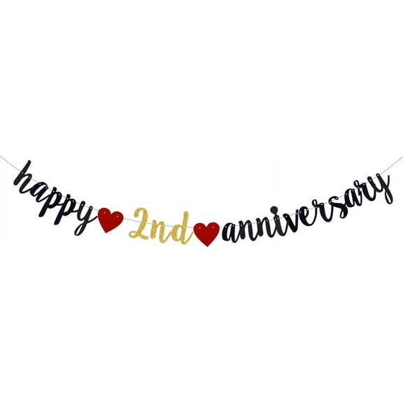 Happy 2nd Anniversary Party Banner, Black Glitter 2 Years Anniversary garland,2nd Wedding Anniversary Banner Party Decorations Suppilies.