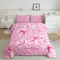 thumbnail image 3 of Manfei Pink Leopard Print Full Size Comforter Sets, Girly Kawaii Watecolor Bowknot Bedding Comforter Set, Modern Fashion Reversible Bedding Sets, Breathable Home Decor, 3pcs, 3 of 9