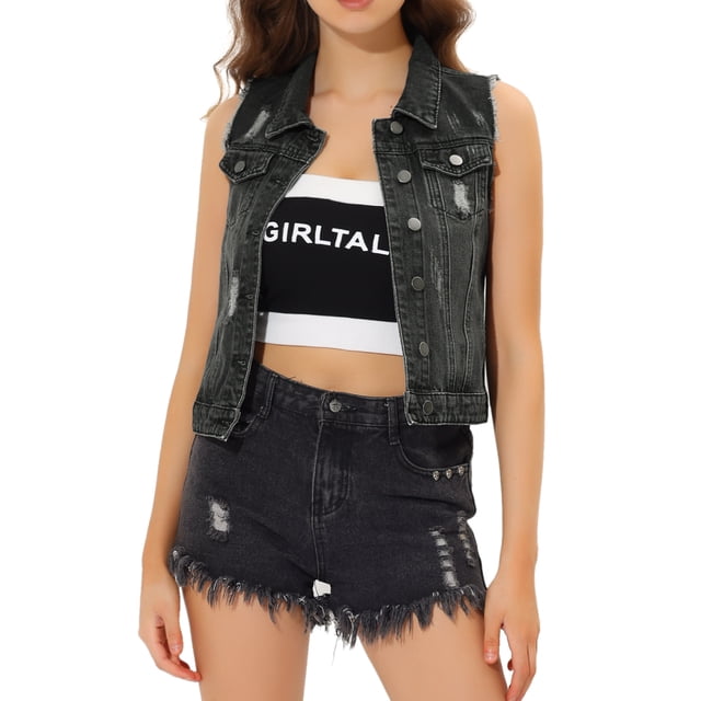 INSPIRE CHIC Women's Turn Down Collar Button Denim Washed Vest