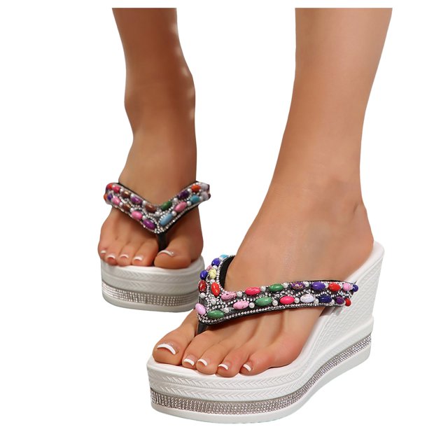 Dakaela Women's Platform Flip Flop Rhinestones Arch Support Summer Thong Sandals Soft Cushion Slippers
