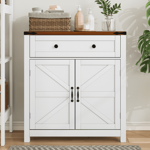 Farmhouse Storage Cabinet with Drawer and Adjustable Shelf, White Kitchen Cabinet with Walnut Countertop, Modern Coffee Bar Console Cabinet for Kitchen, Dining Room, Bathroom, Entryway