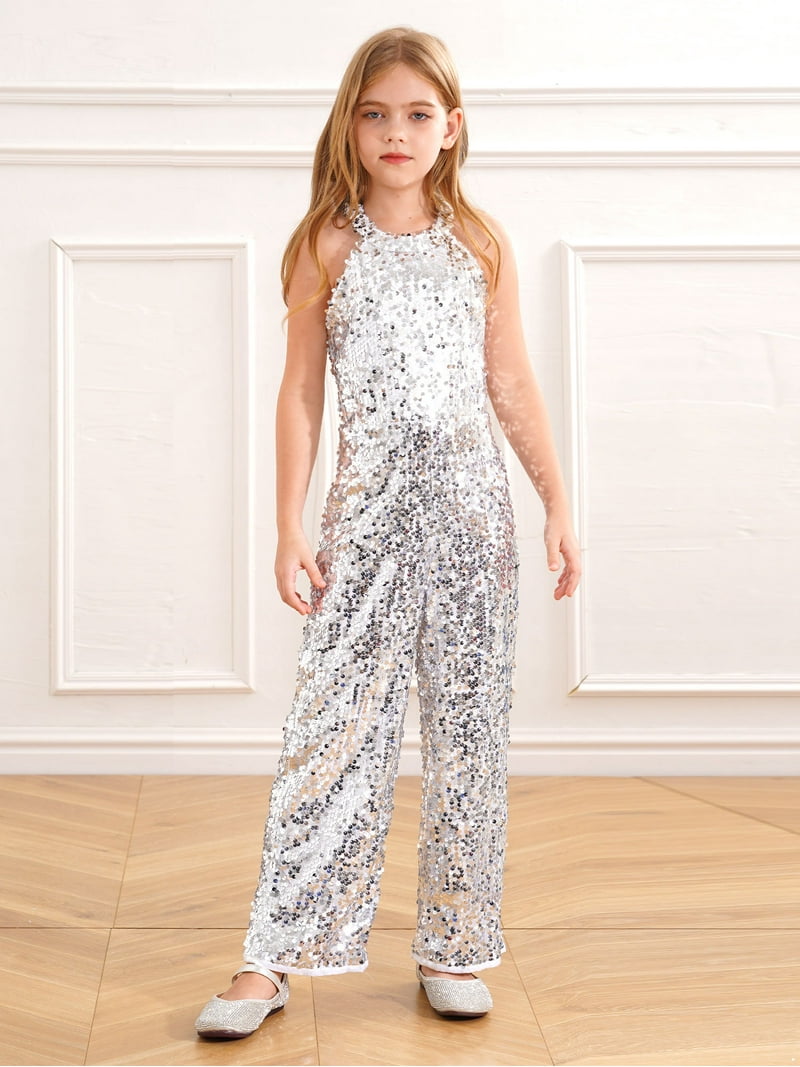 LiiYii Girls Sequin Pageant Jumpsuit High Neck Romper Wide Leg