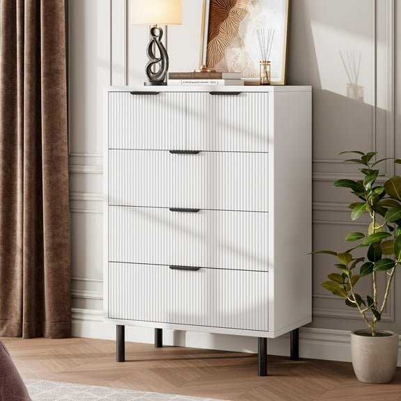 Wave Fluted 5 Drawer Dresser for Bedroom, Modern Wood Chest of Drawers with Wide Drawers, Closet Dresser Organizer with Anti-Tipping Device and Metal Legs for Hallway Entryway