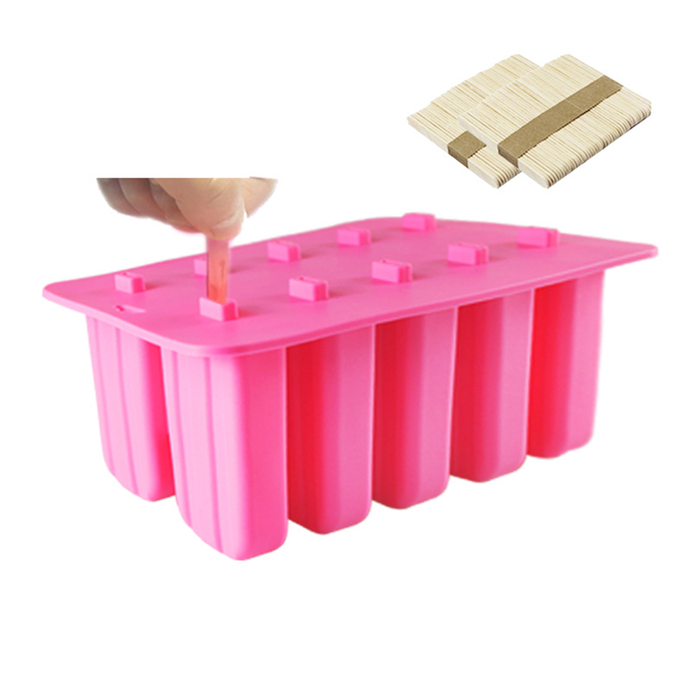 10 Cells Ice Cream Popsicle Frozen Mold Silicone Ice Cream Lolly Maker Mould Ice Tray with Cover