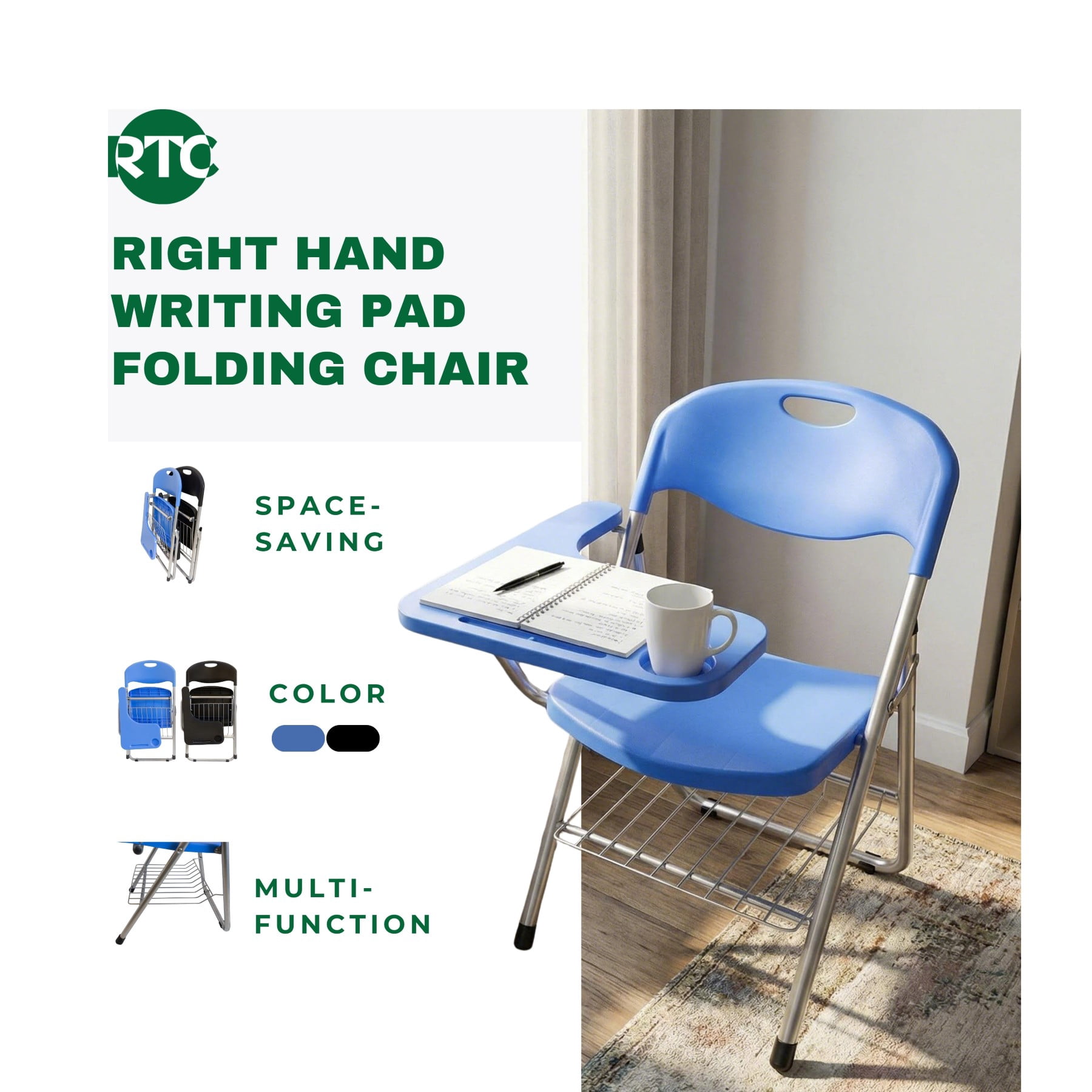 RTC Group Right Hand Pad Tablet Regular Arm Desk Folding Chair, Black, 4pk