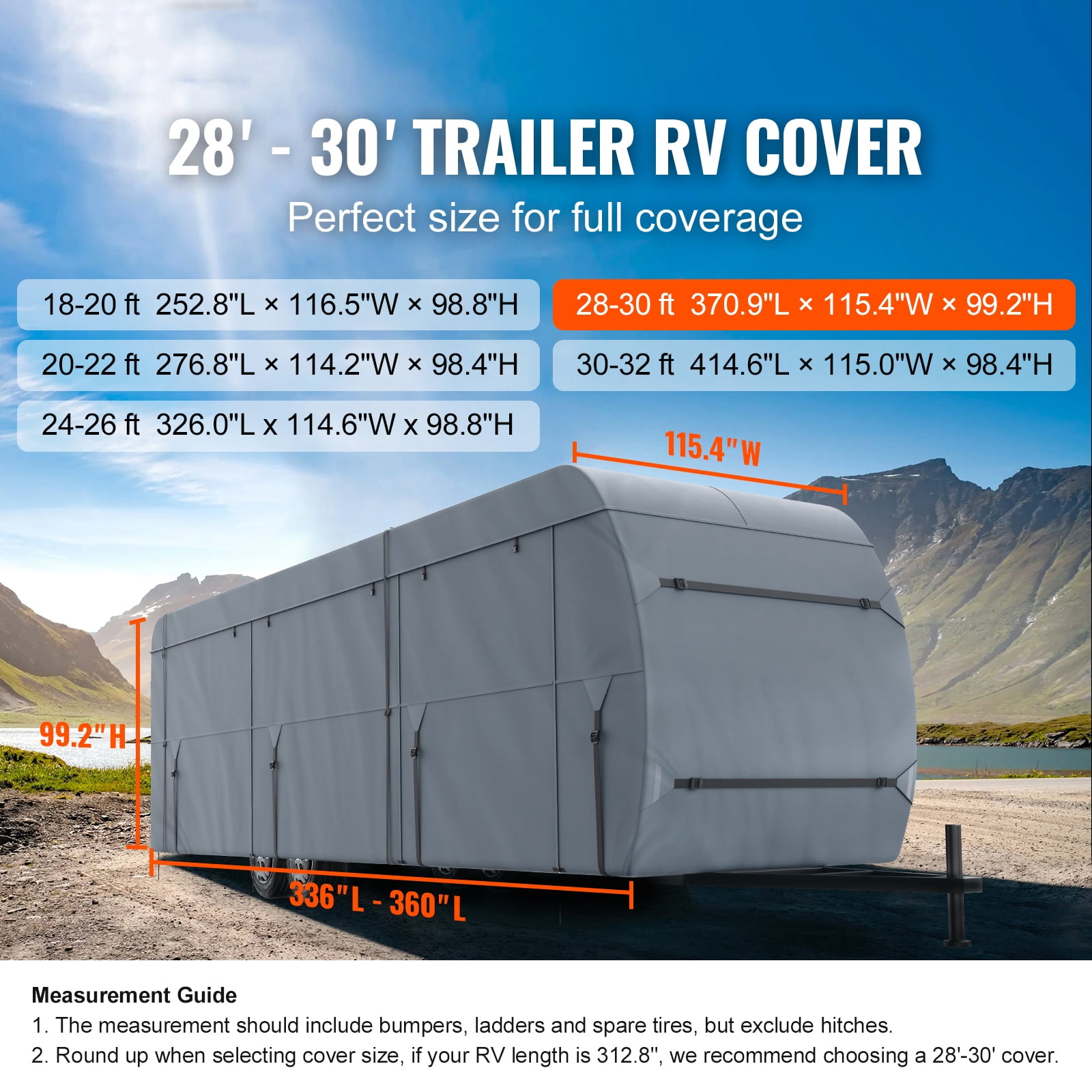 KFFKFF Travel Trailer Cover, 28-30' RV Cover, 4-Layer Non-Woven Fabric Camper Cover, Waterproof, Windproof And Wear-Resistant Class A RV Cover, Rip-Stop Camper Cover with Storage Bag and Patches
