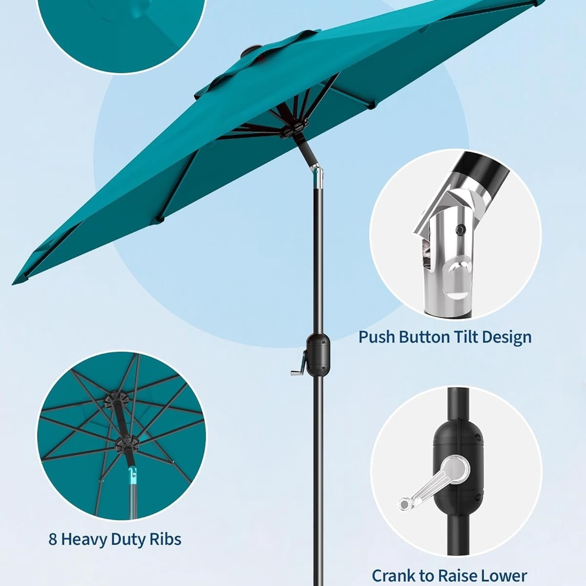 Memoryfield 9FT Patio Market Umbrella with Crank Handle, Outdoor Table Octagon Umbrella with 8 Steel Ribs for Yard Poolside Deck, Turquoise Blue
