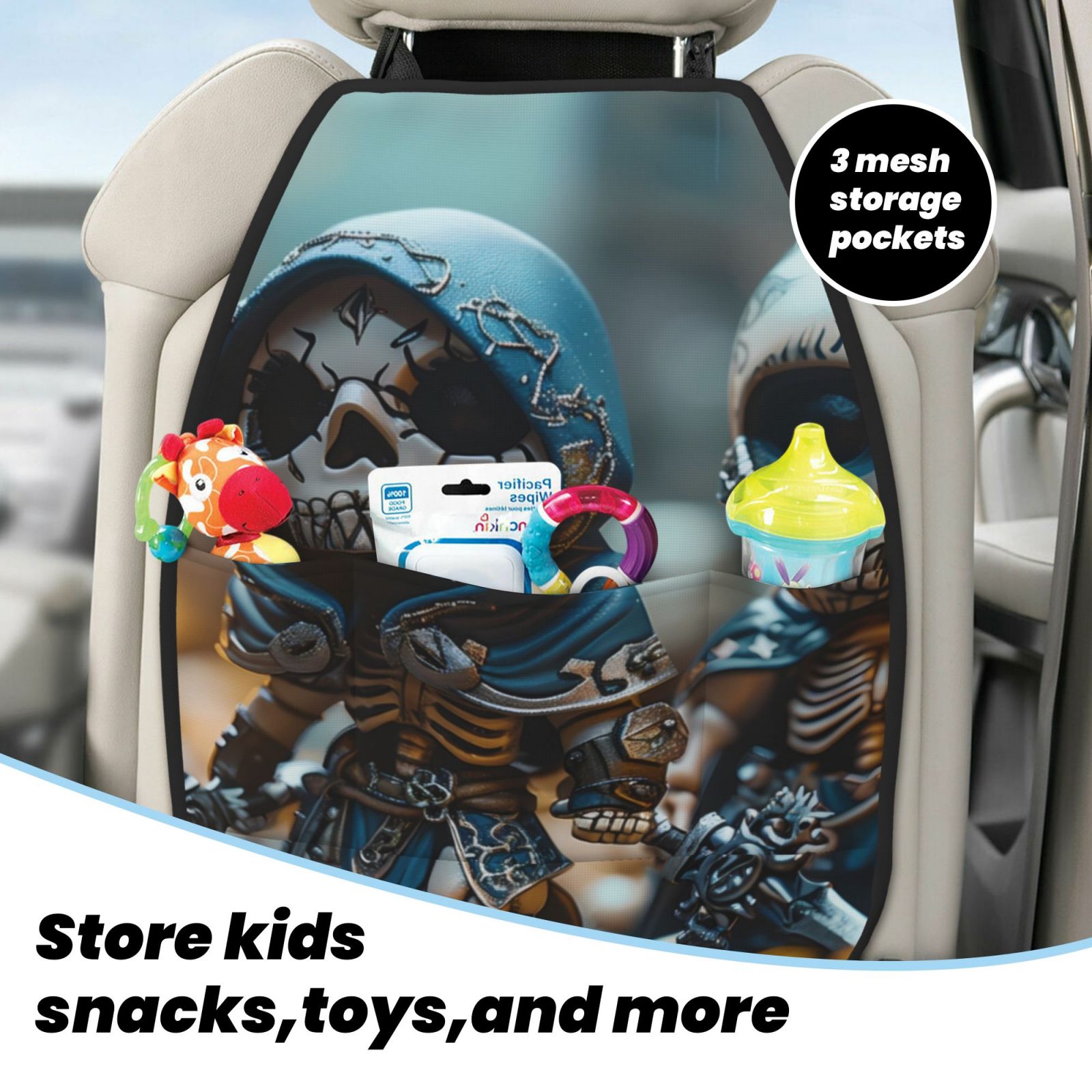 Kdxio Cute Skeletons Figurines Print 2 Pack Car Kick Mat Seat Cover Back Protector Mat with Pockets for Organizer Backseat Protector and Storage Anti Kick Pad for Vehicles