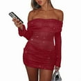 thumbnail image 3 of Women'S Off-the-Shoulder Bodycon Mesh Sheer Ruffled Shiny Flared Long Sleeves Y2K Club Night Out Dress, 3 of 7