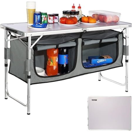 VEVOR Camping Kitchen Table, Aluminum Portable Folding Camp Cooking Station with Storage Organizer, 3 Adjustable Height, Quick Installation for Picnic BBQ Beach Traveling
