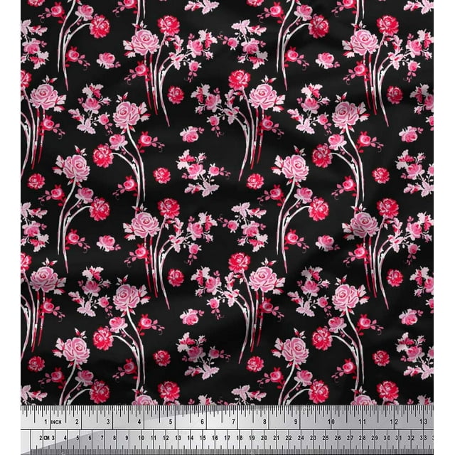 Soimoi Polyester Crepe Fabric Leaves & Rose Floral Print Sewing Fabric Yard 42 Inch Wide