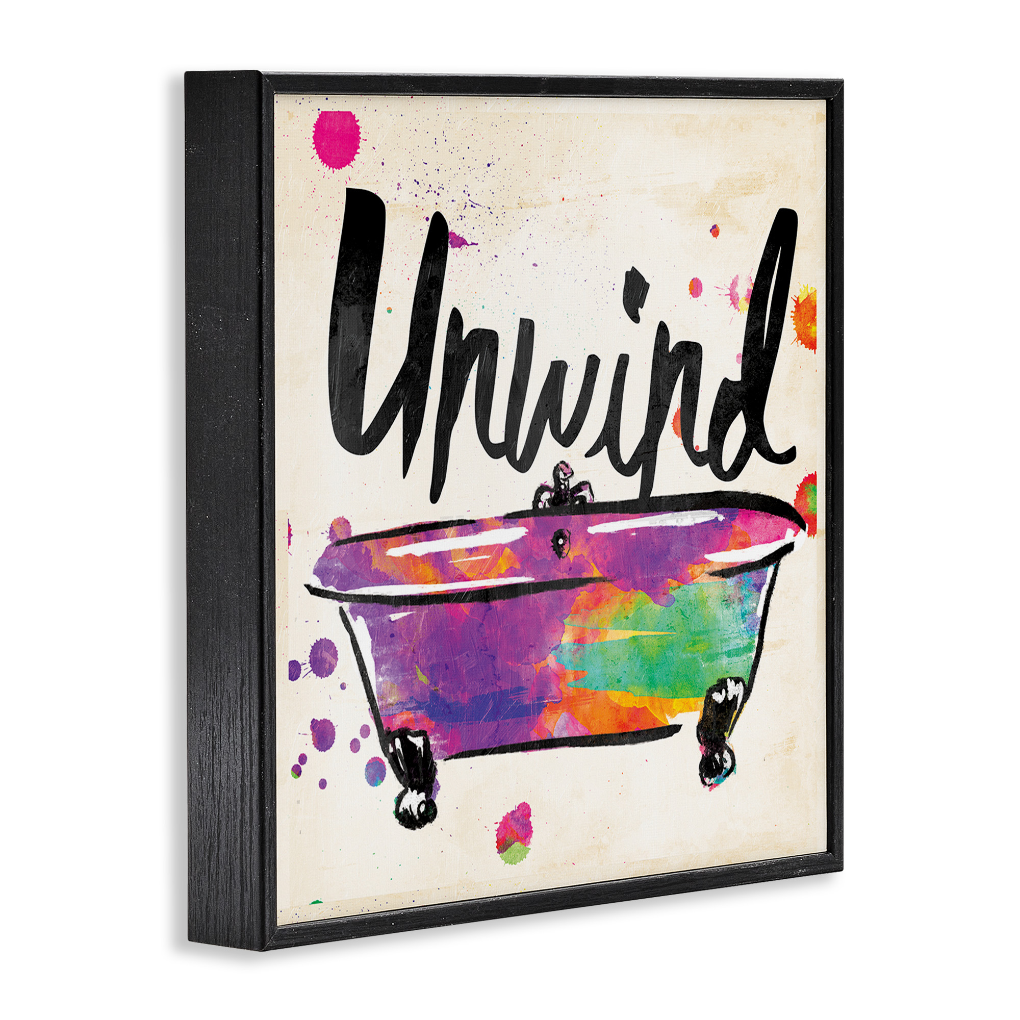 Stupell Industries Unwind Rainbow Colors Icon Bath Typography Painting Black Framed Art Print Wall Art, 12 x 12