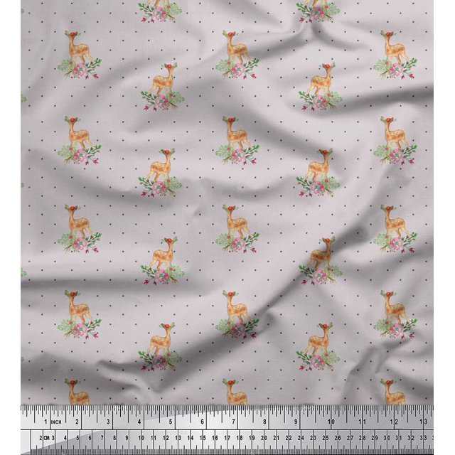 Soimoi Gray polyester Crepe Fabric Dot & Deer Animal Decor Fabric Printed Yard 42 Inch Wide