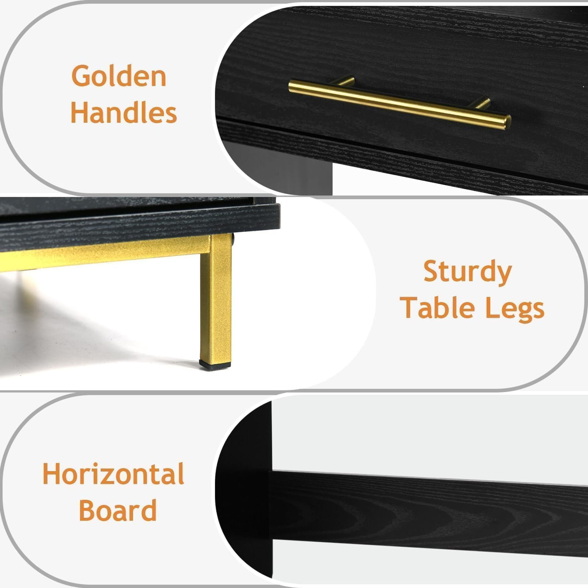 4 EVER WINNER 43" Black & Gold Desk with 4 Storage Drawers & Shelves, Luxury Multi-Functional Computer Desk for Home Office