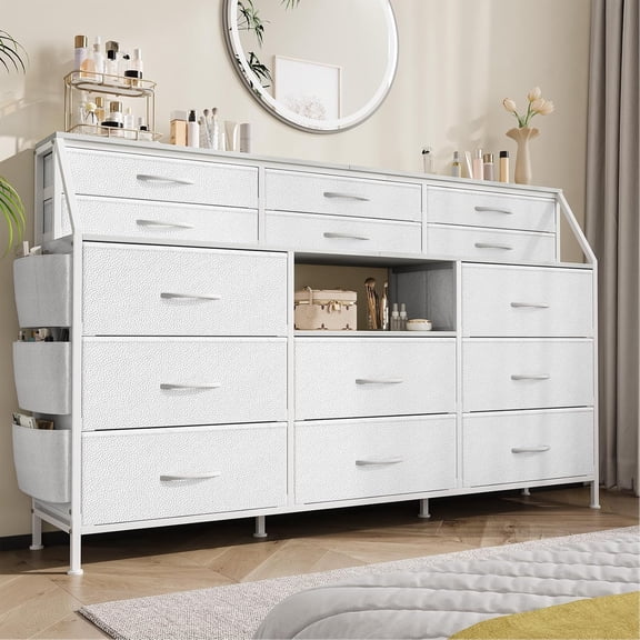 EastVita Dresser for Bedroom with 14 Drawers - 55" Wide Fabric Dressers & Chests with Shelves, White