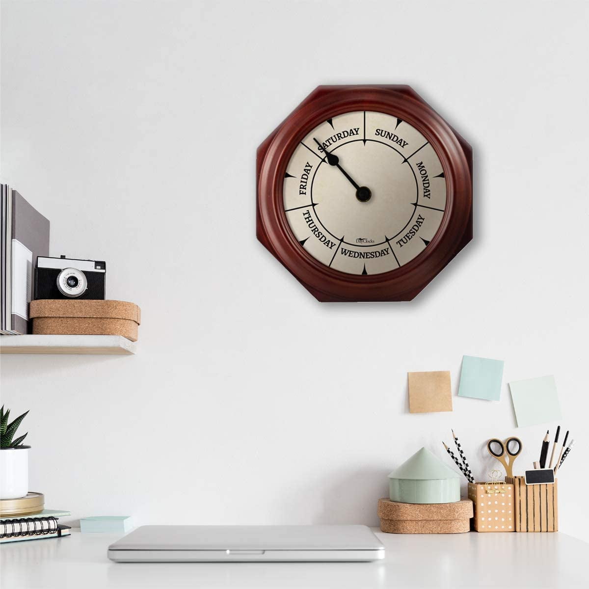 DayClocks Classic Day-of-the-Week Wall Clock with 10" Mahogany Wood Frame