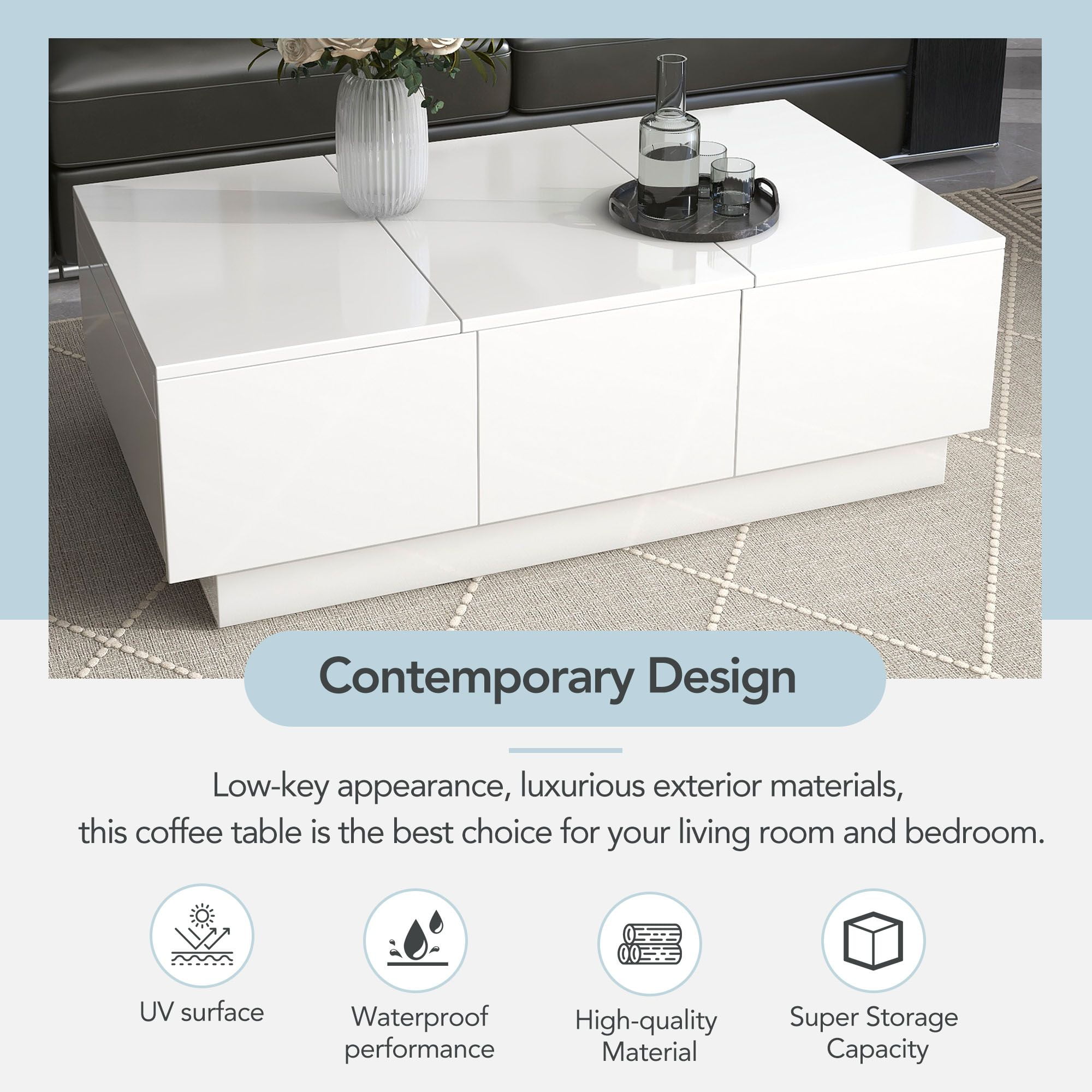 DEALTOPS Modern Coffee Table with Sliding Top and 2 Hidden Storage Compartments, High-gloss End Table with 2 Drawers for Living Room -White