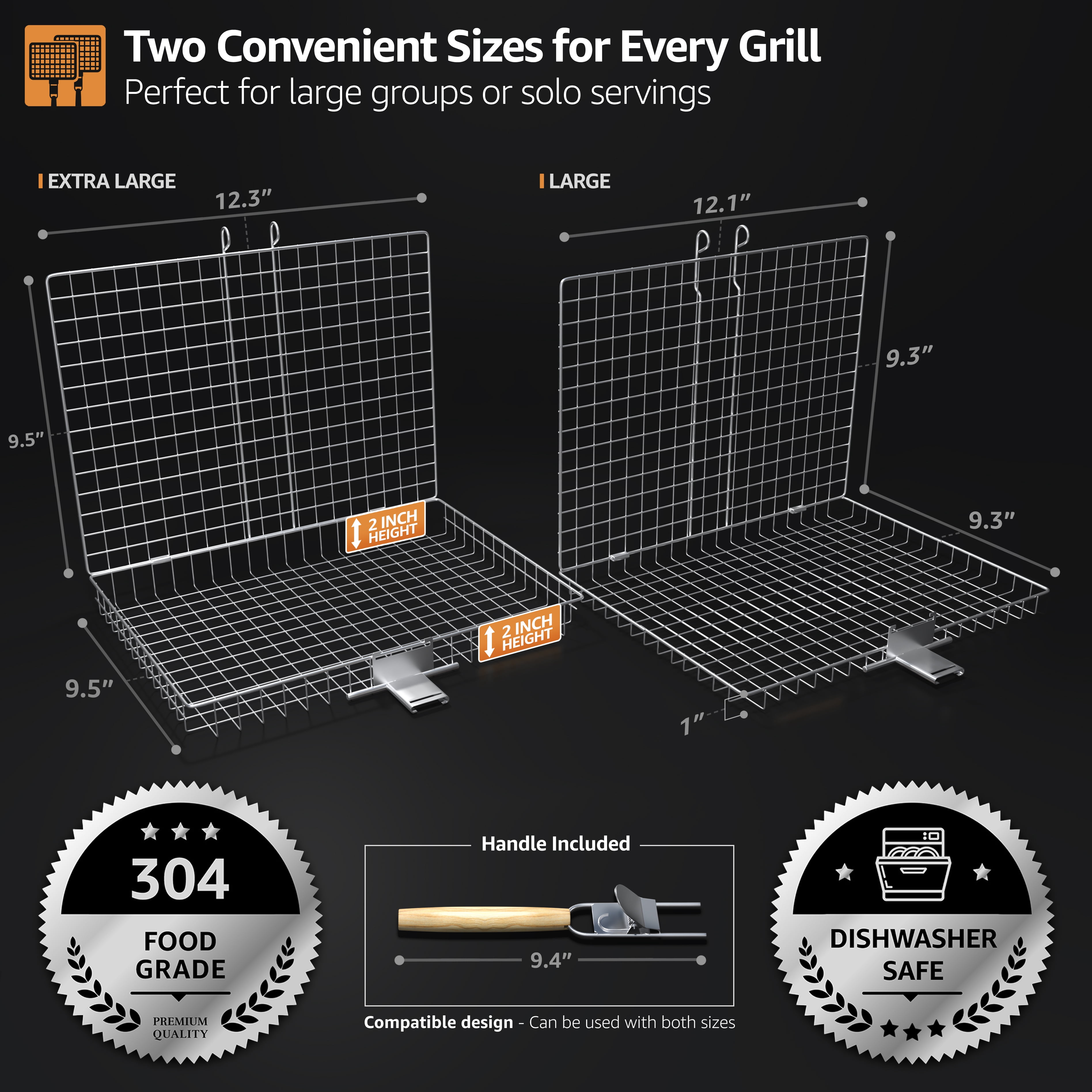 Sorbus Grill Basket 2-Pack Stainless Steel, Large Folding BBQ Baskets with Handles for Fish & Veggies