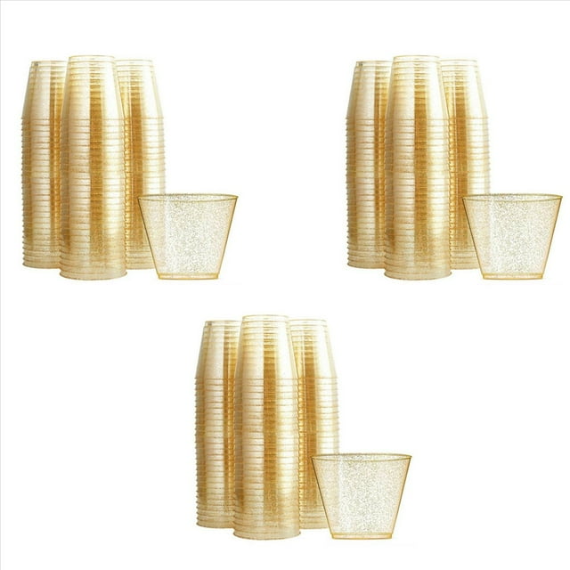 Vasos de Plástico Dorado Copas de Vino de Plástico Transparente, Vasos de Plástico Duro Desechables Elegantes con Purpurina Dorada para Copas de Fiesta 75 Piezas