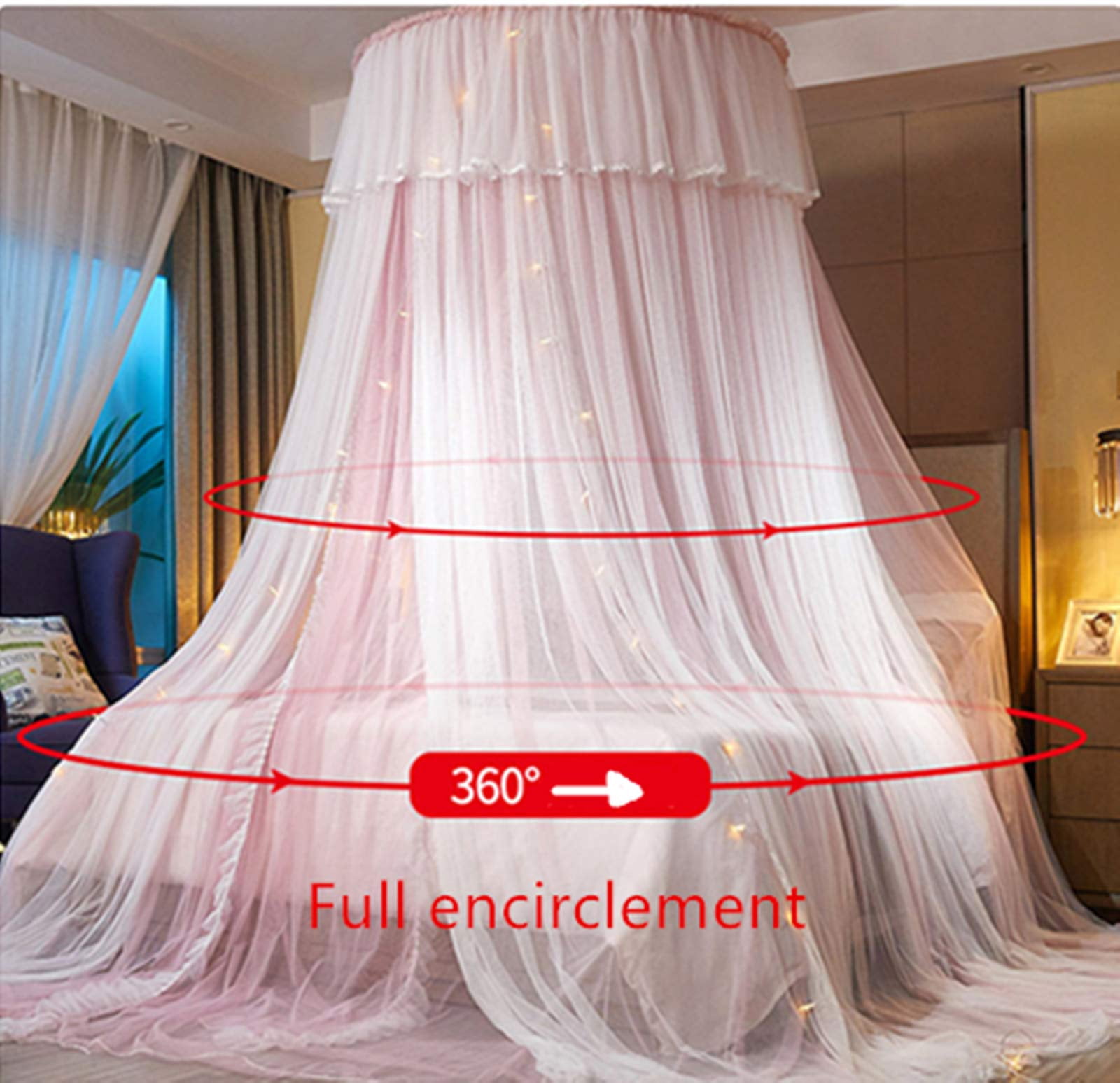 Bed Princess For Curtain Double Layer Sheer Mesh Dome Curtain- Round Lace Mosquito Net Tent Full Queen King Bed(pink/white)