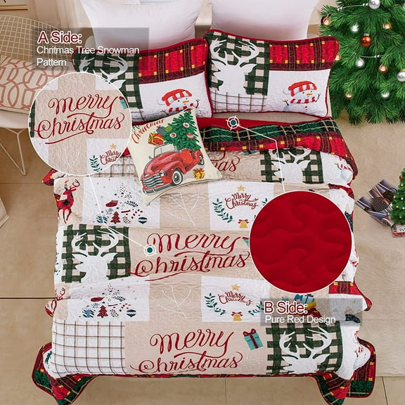 Christmas Quilt Set , Red Christmas Tree Snowman Pattern Bedspread with 2 Pillowcases