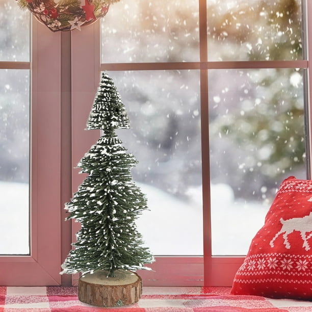 Mini árbol de Navidad con nieve | Decoración navideña para mesa y ventana | Cedro artificial con base de madera | Decoración festiva de 21 cm