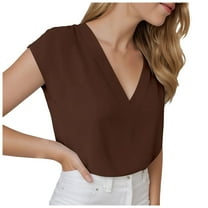 GEWSEY Women Tops Cap Sleeve Textured Dressy Casual V Neck Shirts 2025 Summer Business Work Blouses Outfits (Brown, L)